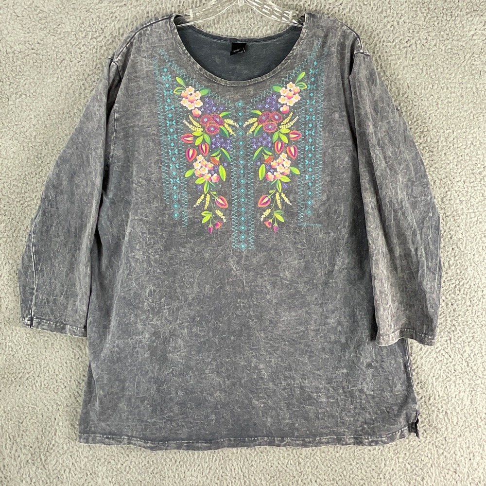Sabaku Artwear Top Womens XL Grey Excellent Mineral Wash Floral Southwest USA